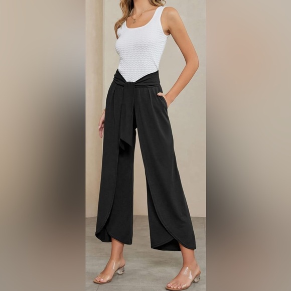 Women High Waist Wide Leg Pant Pocket Loose Beach Trousers for Vacation Black - Picture 3 of 7